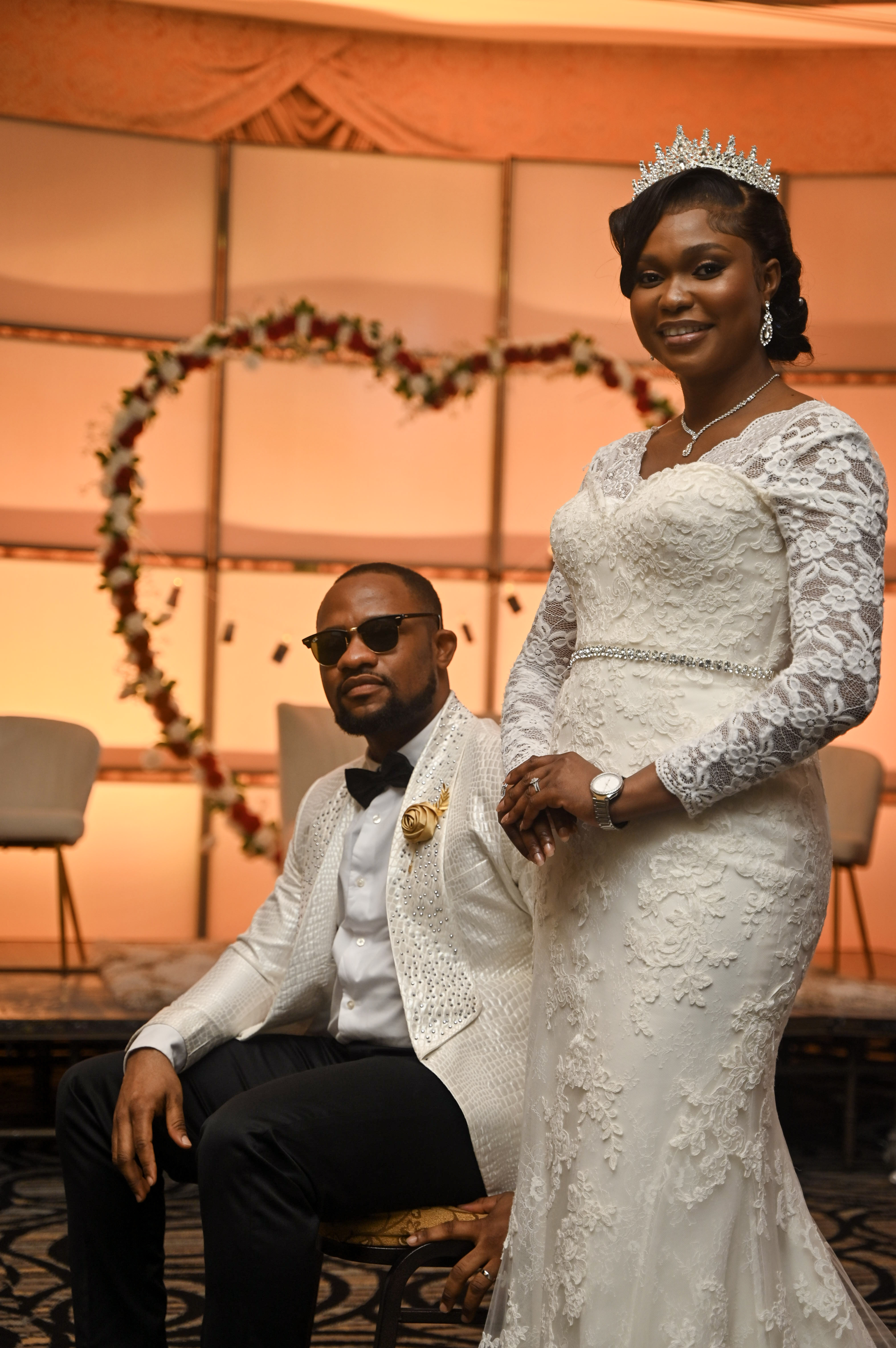 Black and white wedding photo walking away